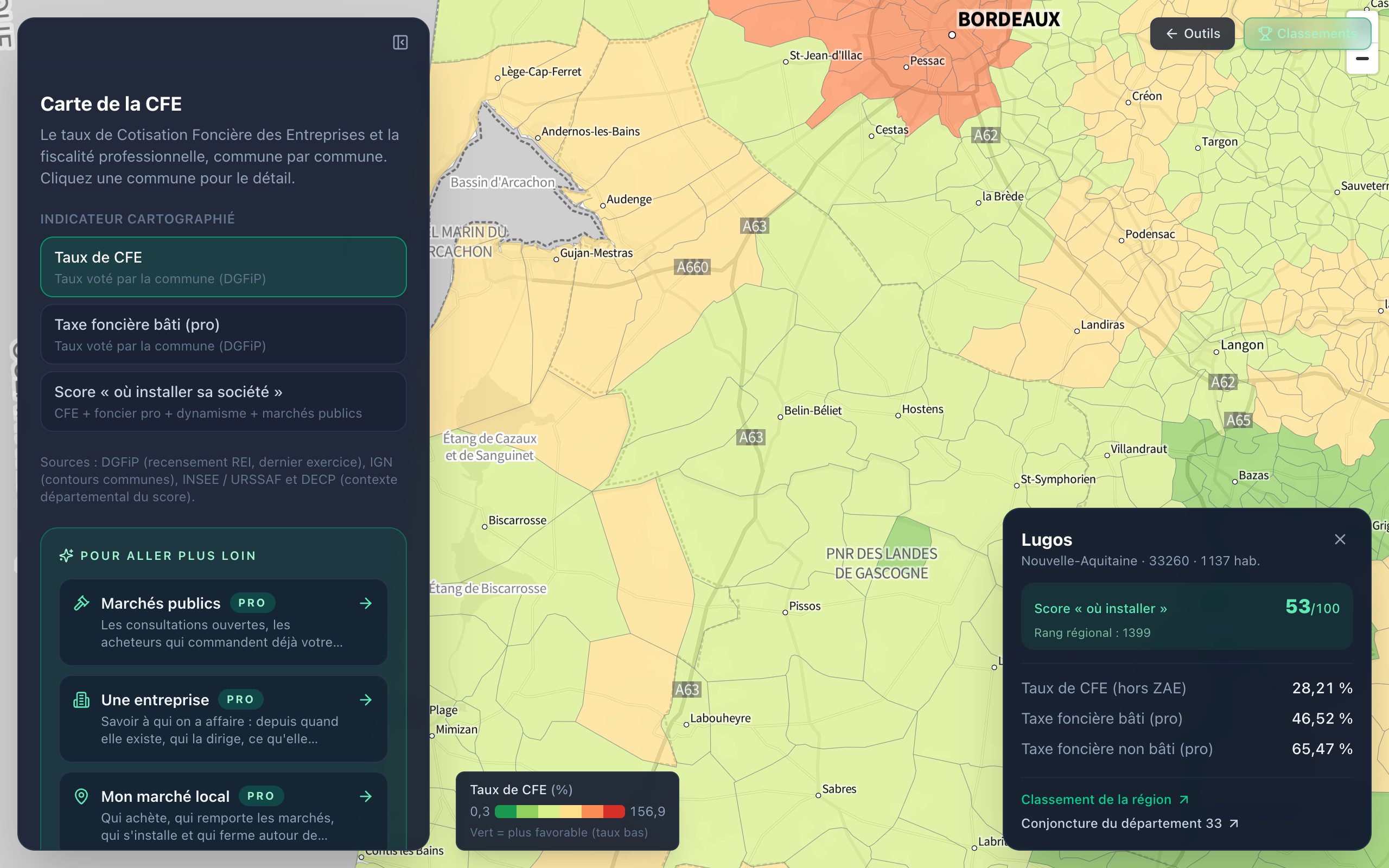 Carte de France du taux de Cotisation Foncière des Entreprises par commune