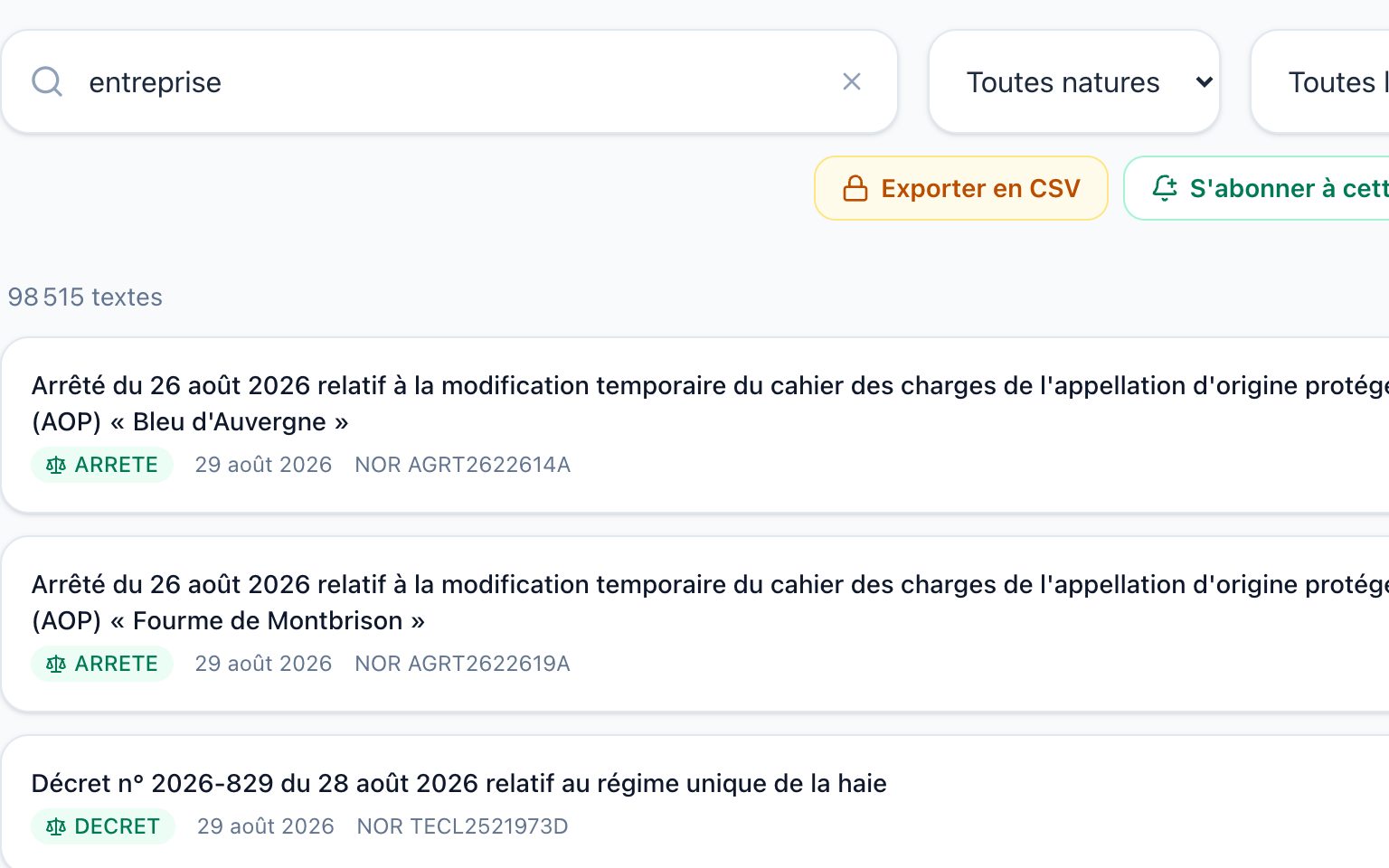 Recherche de textes du Journal officiel par mot-clé et par nature